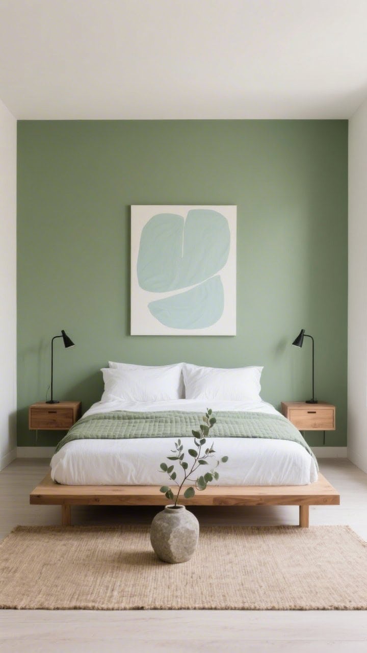 Wide minimalist shot, straight-on: Calming eucalyptus green walls with warm undertones, low-profile oak platform bed centered with taut white percale bedding and a single sage linen quilt folded at the foot, oak floating shelf nightstands kept clear and intentional, minimalist black adjustable-arm sconces on both sides, a single large abstract canvas in seafoam and white above the bed, flatweave sand-colored rug grounding the space, stone vase with a single eucalyptus branch; soft, even daylight, uncluttered and airy.