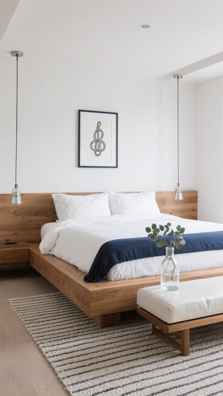 Wide, minimalist yacht-club bedroom scene from a low angle: ash wood platform bed, white piqué duvet, slim chrome swing lamps; subtle nautical nods with framed sailor-knot art and a navy binding on the bed skirt; flatweave micro-stripe rug and a low-profile white leather bench at the foot of the bed; single eucalyptus branch in a clear glass carafe; crisp, streamlined, quietly luxe atmosphere.