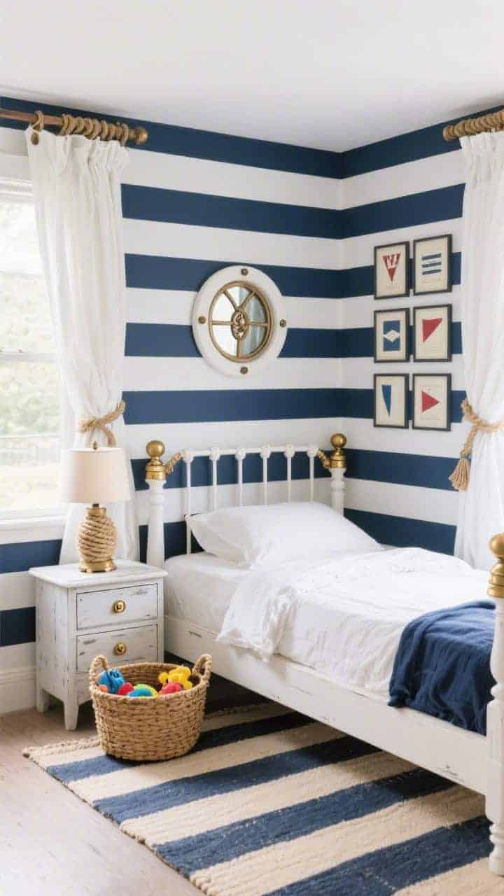 Wide room shot: A classic coastal kids’ bedroom with navy-and-white striped accent wall and matching striped rug, a white wood spindle bed centered against the stripes, slim weathered nightstand with brass pulls, brass ship-style accents, rope-tied curtain holdbacks on white linen curtains, a round porthole mirror above the bed, knot-shaped drawer pulls on a small dresser, framed signal flag prints in a tidy grid, rope-wrapped table lamp on the nightstand, woven basket for toys; palette navy, white, rope-beige; bright natural daylight, straight-on view, polished yet playful “tiny captain’s quarters” mood, photorealistic.