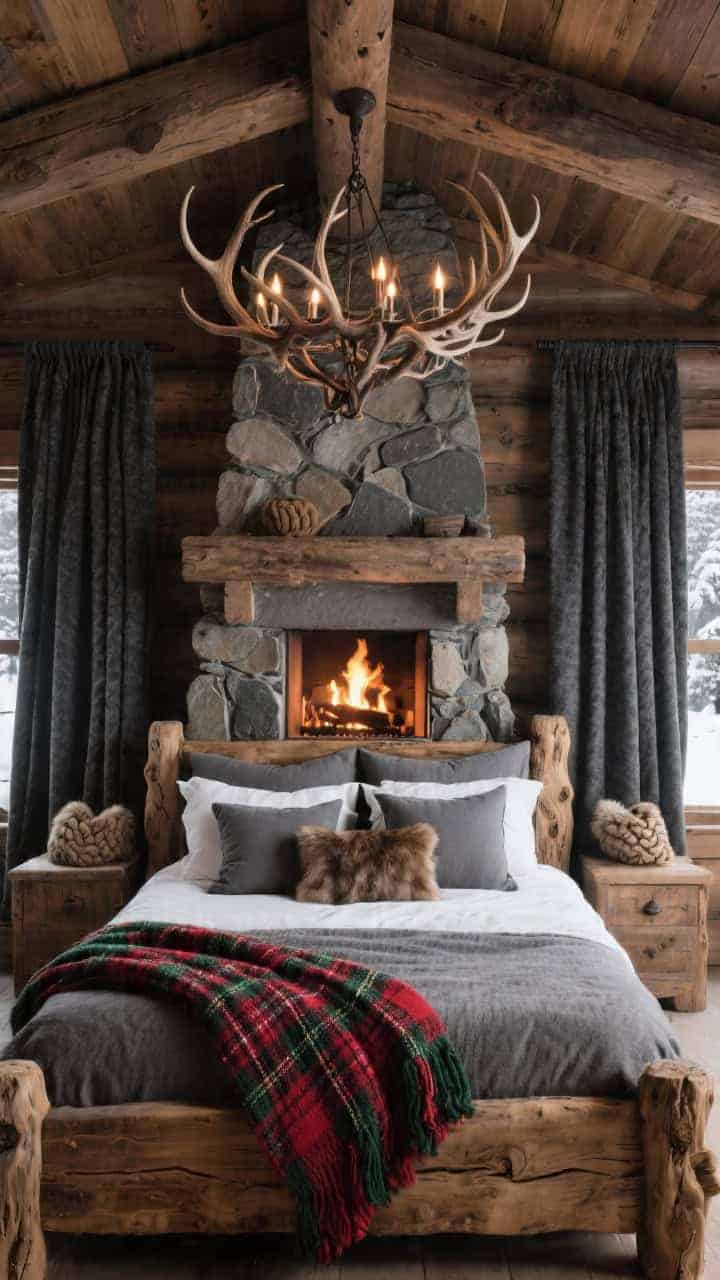 Wide rustic chalet luxe bedroom: rough-hewn wood bed, stone fireplace glowing, antler-style chandelier, charcoal wool drapes. Bed styling: two heather-gray Euro shams, two ivory flannel shams, tartan lumbar in deep red and forest green, two small sable faux-fur pillows; cable-knit throw folded. Cozy, firelit warmth with winter-lodge ambiance.