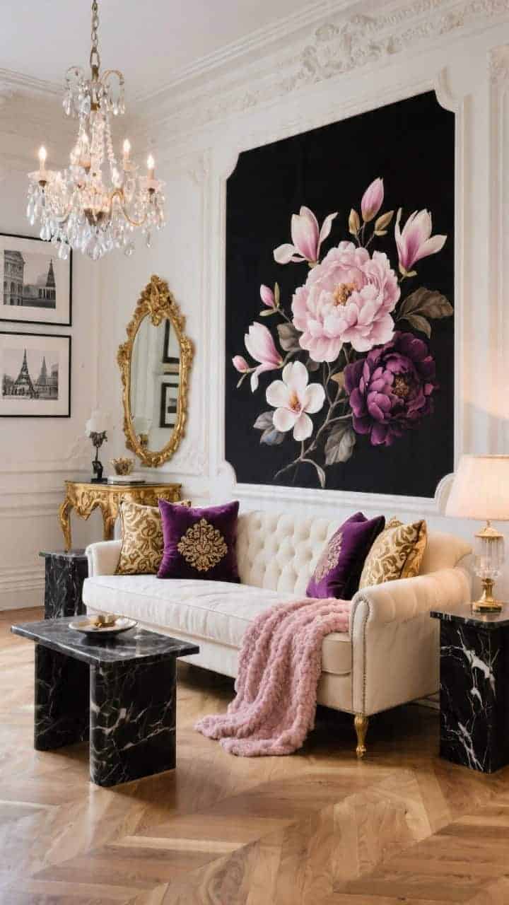 Wide salon view of a Parisian-glam living room with a cream velvet sofa, black marble side tables, classic wall molding, and herringbone wood floors; style the sofa with baroque floral pillows on inky black backgrounds showing peonies and magnolias in deep plum, blush, and gold, plus two damask-print pillows; include a gilded mirror, crystal chandelier, and black-and-white architectural prints; add a blush chenille throw; elegant ambient lighting with chandelier highlights; palette of cream, black, blush, plum, antique gold; photorealistic.