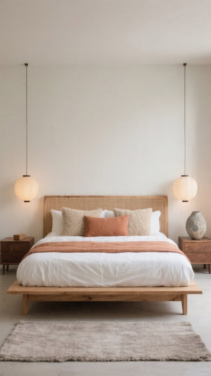 Wide, serene Japandi bedroom, straight-on view: low natural oak platform bed with woven headboard and crisp white bedding. One long clay-colored linen lumbar pillow centered, flanked by two oatmeal nubby bouclé cushions. Paper lantern sconces casting soft glow; a sculptural stone vase on a walnut nightstand; pale taupe wool rug underfoot. Minimal, zen composition focused on linen, bouclé, wool, and oak textures with a calm, balanced palette.