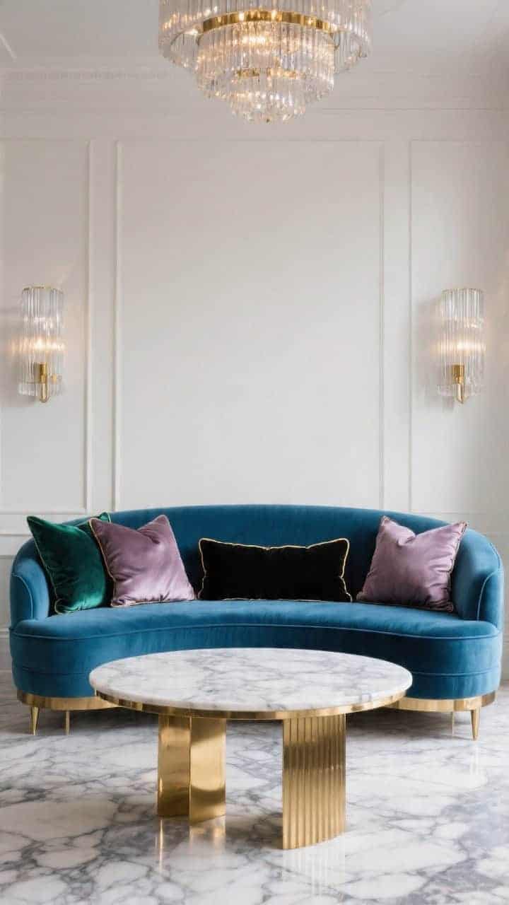 Wide shot, Art-Deco glam: a curved peacock-blue velvet sofa facing a marble-topped brass coffee table; ribbed glass sconces and a subtly sparkling chandelier provide ambient glow. Pillows: two 24-inch emerald velvet ends, two 22-inch smoky mauve satin squares, and a center lumbar in black with gold piping echoing metal finishes. Luxurious sheen, rich jewel tones, reflective highlights on marble and brass, no people.