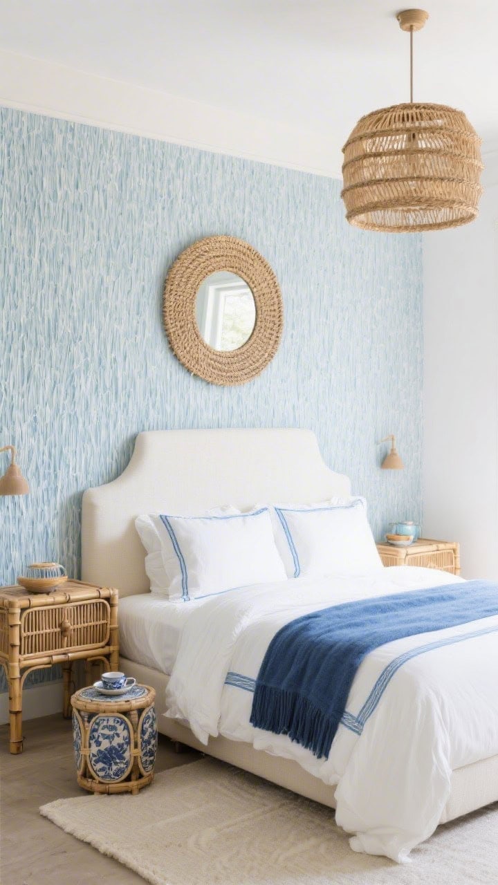 Wide shot emphasizing texture and depth: pale blue grasscloth accent wall behind an ivory upholstered headboard; bamboo nightstands bringing organic warmth; white bedding with a crisp blue border topped by a marine-blue throw; ceramic garden stool as a tea perch beside the bed; woven mirror above and a raffia drum pendant overhead; polished yet breezy, even daylight.