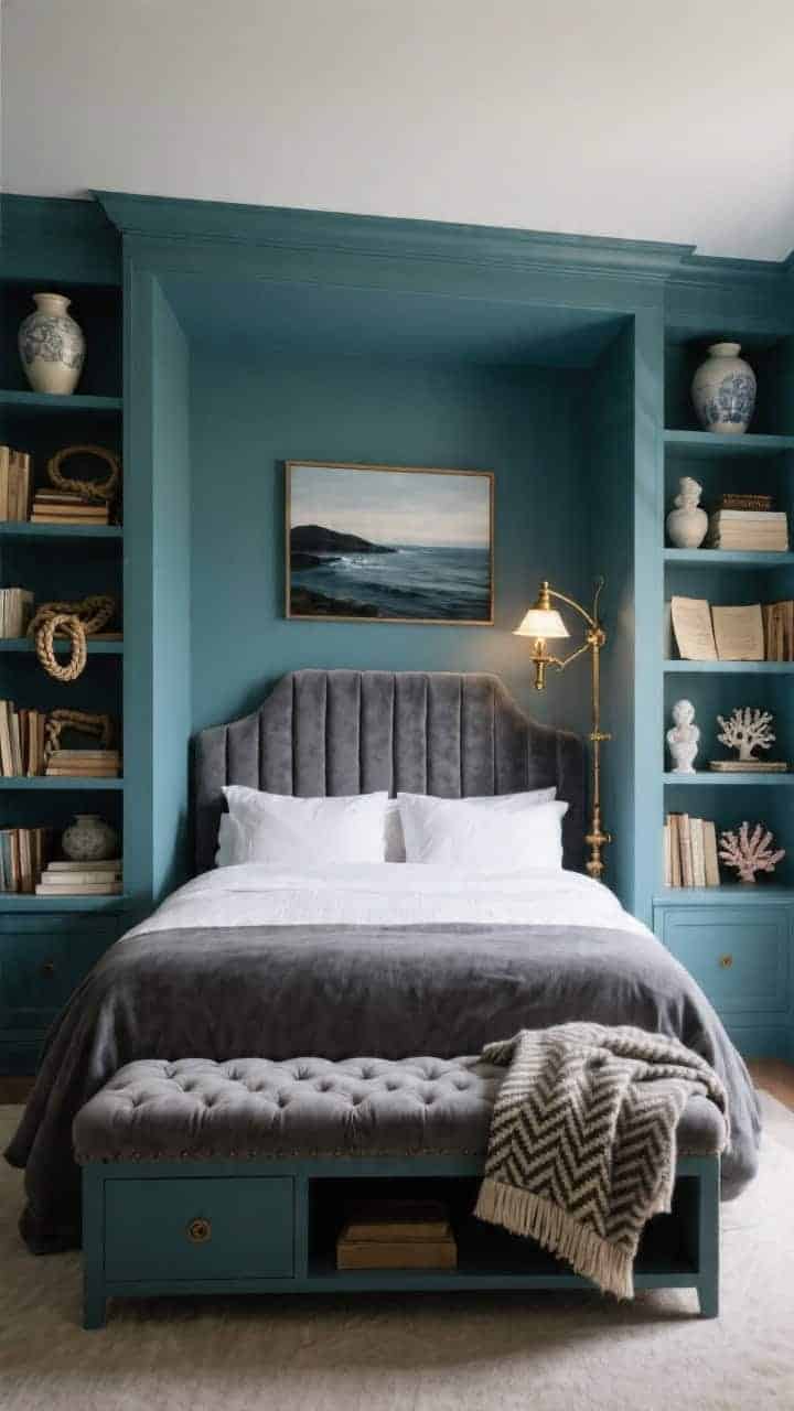Wide shot of a cozy bedroom library: built-in shelves painted moody teal frame a bed tucked between them. The bed features a slate velvet channel-tufted headboard. Shelves styled with ceramic vessels, parchment-toned books, rope knots, and small coral statues. An antique brass banker’s lamp and a picture light above a moody coastal landscape. At the foot, a tufted bench with hidden storage and a folded wool herringbone throw. Photorealistic, lamplight and picture-light illumination with soft shadows.