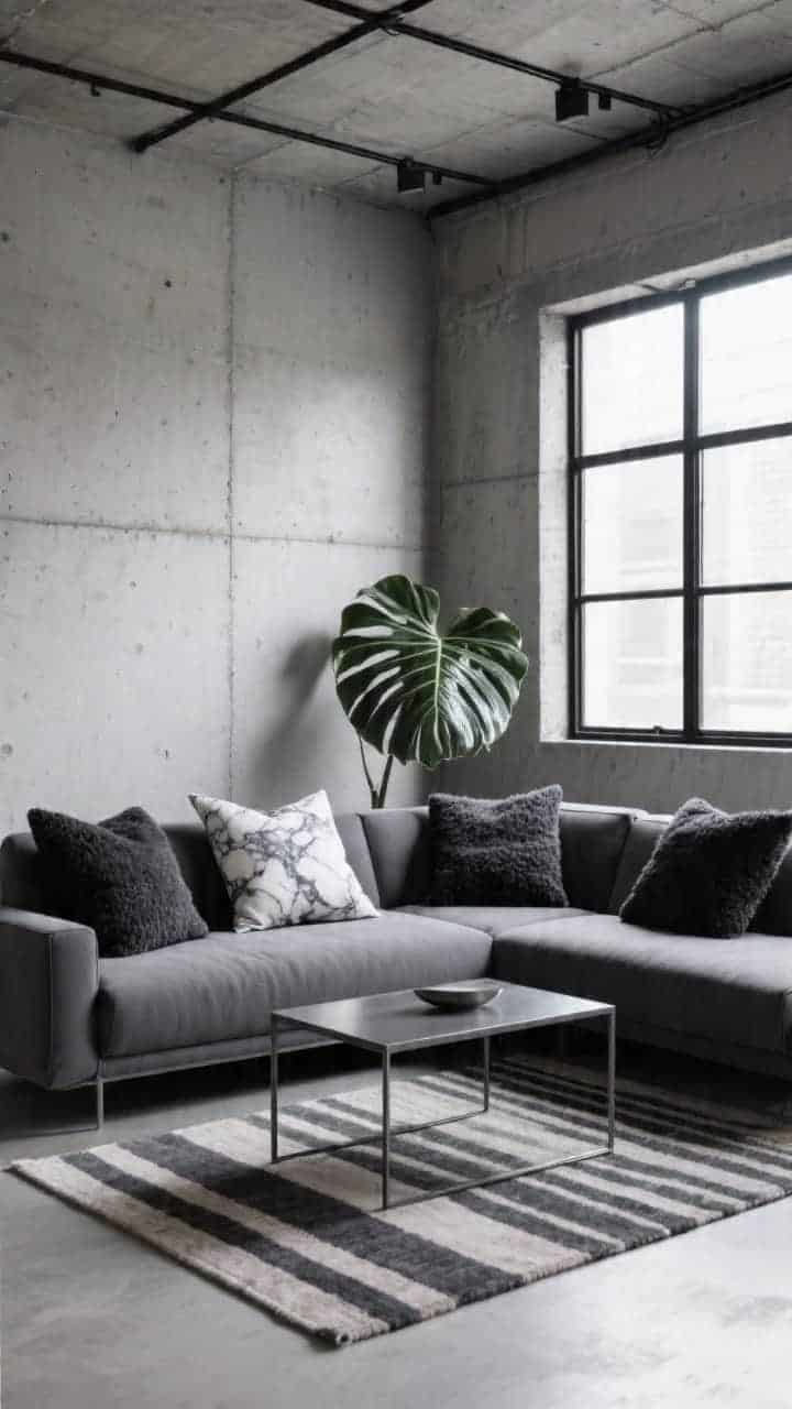 Wide shot of a sleek monochrome loft with exposed concrete walls and black-framed windows. A modern graphite sectional layered with pillows in charcoal wool and matte black bouclé, plus one marble-print silk pillow as the quiet showstopper. Striped flatweave rug in charcoal and ash under a steel coffee table; a single oversized monstera adds sculptural greenery. Even, soft daylight; industrial-chic atmosphere emphasizing wool, bouclé, silk, and steel.