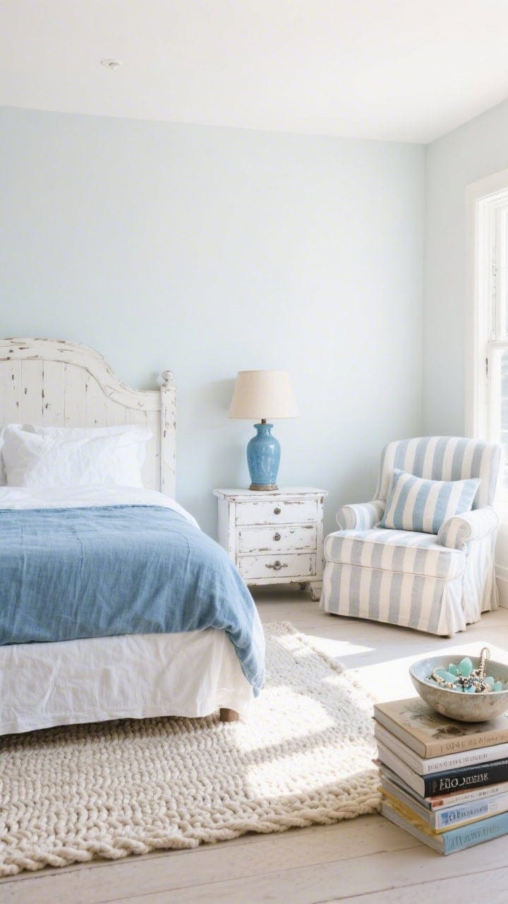Wide shot of a washed-fresh coastal bedroom: low-profile slipcovered denim-linen bed on a pale braided cotton rug; palette of whispery blues, cloud whites, and light sand; lightly distressed white-painted nightstands with sky-blue ceramic base lamps and parchment shades; a slipcovered armchair in the corner with a striped lumbar pillow; vintage sea-glass bowl holding jewelry and a stack of coastal cookbooks; bright, crisp, natural light.