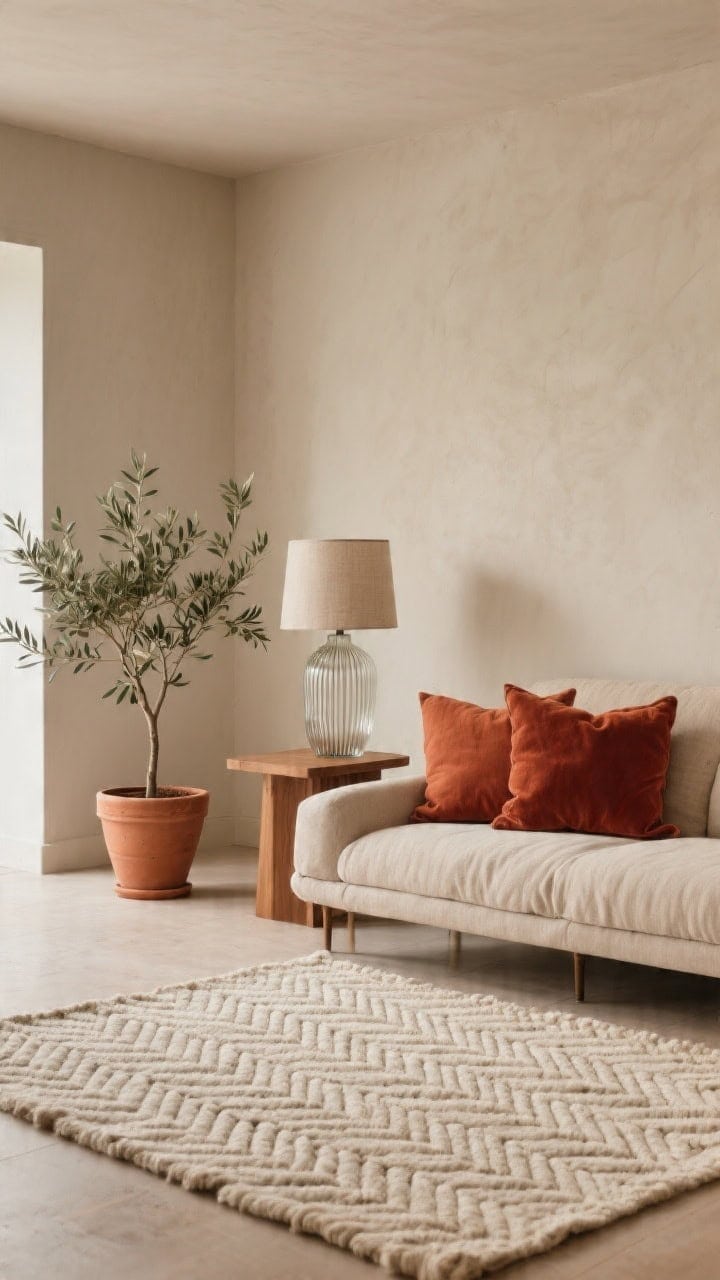 Wide shot of an earthy Nordic lounge with soft oatmeal walls, a loomed wool rug, and a relaxed natural linen sofa; pillows in terracotta linen (20-inch), rust velvet lumbar, and an ecru herringbone square; a terracotta pot with a small olive tree near the sofa, ribbed glass vase on a warm oak side table, and a linen drum shade lamp casting gentle warmth; balanced, calm, collected atmosphere; photorealistic.