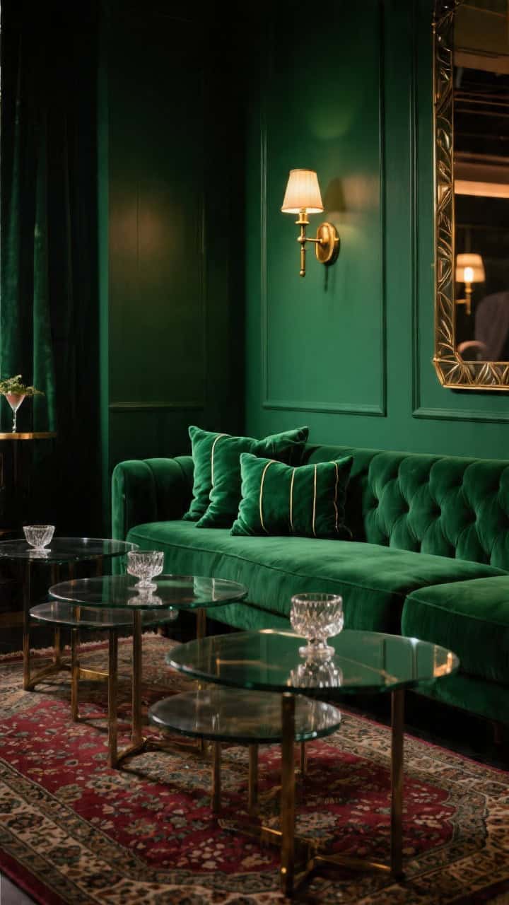 Wide shot of an emerald cocktail lounge with vintage soul: bottle-green walls, low emerald velvet sofa, and smoked glass nesting tables. Stack of emerald monochrome pillows—velvet with faint sheen, plush mohair, and a deco-inspired channel-stitched lumbar with satin piping. Brass sconces on dimmers casting warm glow; patterned Persian rug with oxblood notes; cut crystal on the table reflecting light. Evening, moody ambience; photorealistic.