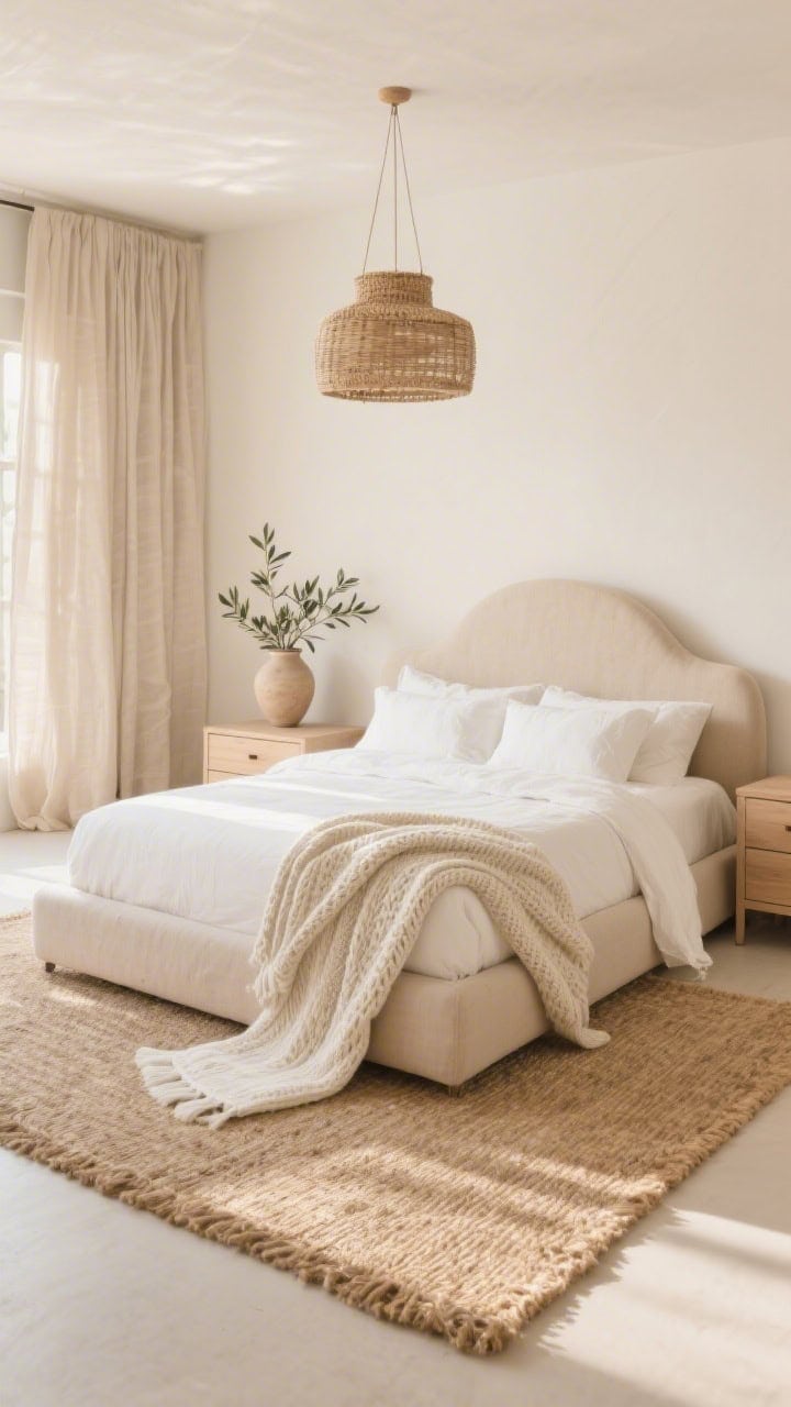 Wide shot of sand-dune neutrals: oversized seagrass rug nearly wall-to-wall with an ivory runner layered by the bedside; oatmeal linen upholstered bed with rounded corners; light ash wood dressers with clean lines; tonal bedding—ivory sheets, sand-toned coverlet, knit throw; basket pendant lights overhead; soft-beige linen drapes gently pooling; ceramic vase with olive branches; serene, sun-washed ambiance.
