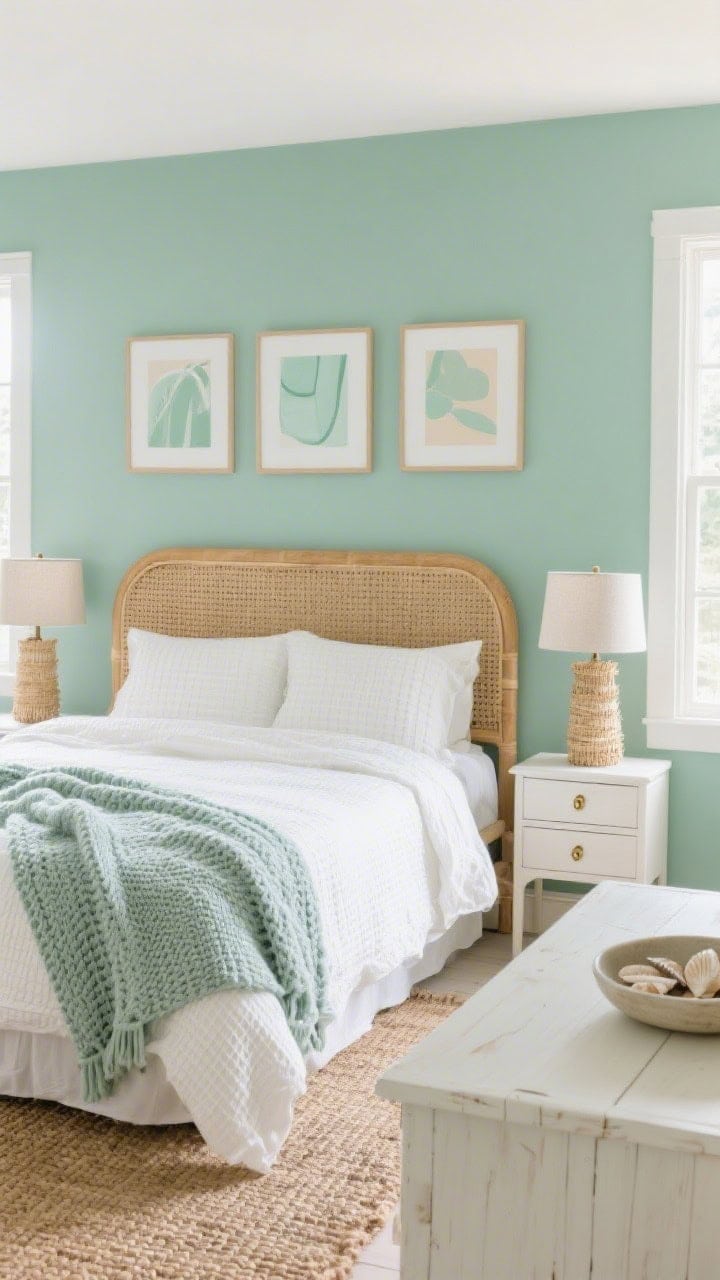 Wide shot, straight-on: A serene coastal bedroom with sea-glass green walls shifting in natural daylight, rattan bed frame with woven headboard, crisp white waffle-textured bedding, chunky seafoam knit throw, whitewashed wood nightstands with simple brass pulls, table lamps with seagrass bases and linen shades, trio of framed abstract prints in soft greens and sand above the bed, jute rug underfoot, a white dresser topped with a subtle bowl of found shells; soft morning light through unseen windows, airy and relaxed.