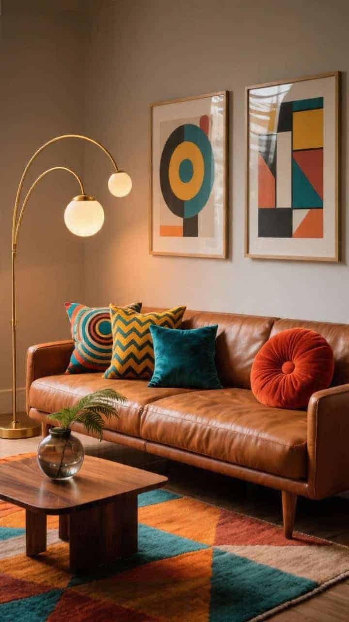 Wide shot, straight-on: A warm caramel leather low-profile sofa on walnut legs sits atop a geometric rug in sunset shades of amber, teal, and persimmon; stacked funky throw pillows in bold mod prints—concentric circles, zigzags, and color-blocking—in velvet teal and mustard corduroy, plus a round paprika bolster; brass arc floor lamp with an opal globe arcs overhead; two oversized Bauhaus-style graphic prints on the wall; walnut coffee table with a smoky glass vase and a small fern; warm, retro, slightly glam evening lighting, photorealistic.
