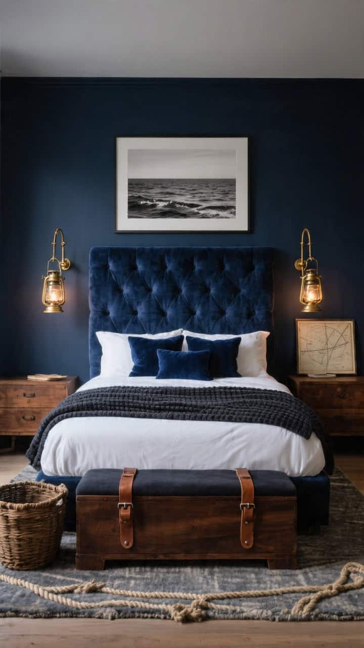 Wide shot, straight-on view of a moody bedroom wrapped in velvety navy walls with a tall ink-blue linen tufted headboard centered. Antiqued brass swing-arm sconces glow warmly like ship lanterns on either side. At the foot of the bed, a walnut storage bench with leather strap handles. Bedding layered with crisp white percale sheets, heavyweight charcoal waffle blanket, and deep-blue velvet pillows. A large black-and-white seascape framed above the bed; a wool rug with subtle rope motif underfoot; leather-trimmed baskets beside a walnut dresser holding a casually leaning framed vintage nautical chart. Photorealistic, evening ambience with soft brass lighting.