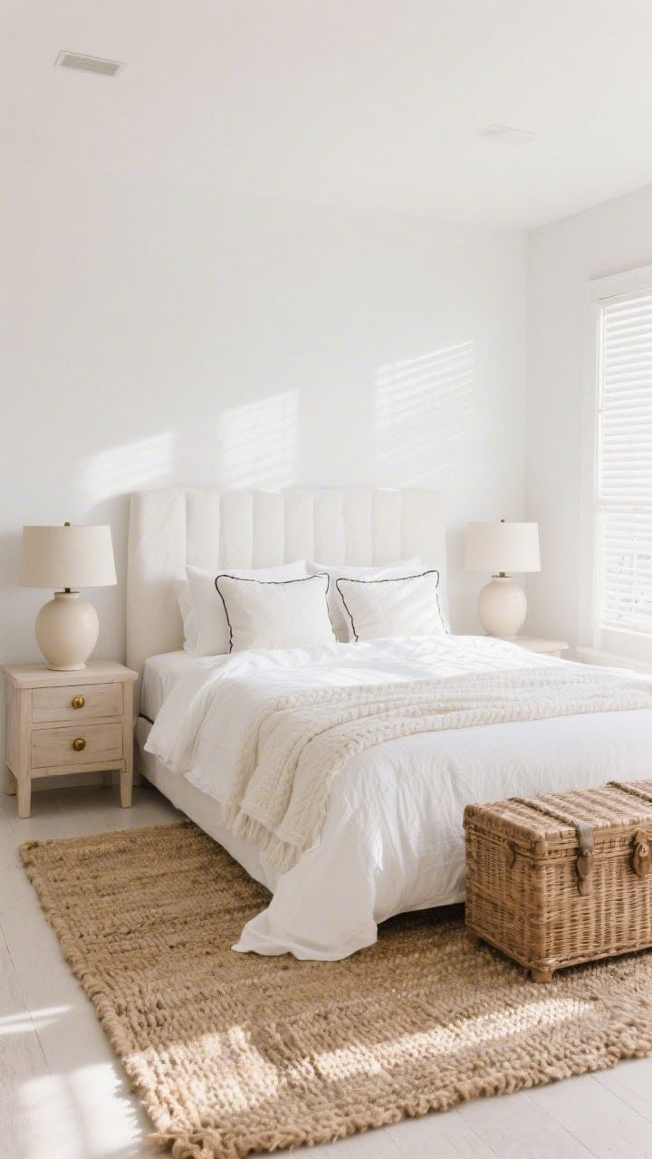 Wide shot, sunlit bedroom in creamy whites with layered textures: off-white linen slipcovered upholstered bed centered on a chunky handwoven jute rug; bleached-wood nightstands with brass knob pulls topped by oversized matte-ivory ceramic lamps; crisp white percale duvet with a light matelassé coverlet folded at the foot and two piped-edge pillows; rattan trunk at the bed’s end; woven window shades filtering soft daylight; calm, airy, timeless coastal mood, photorealistic.