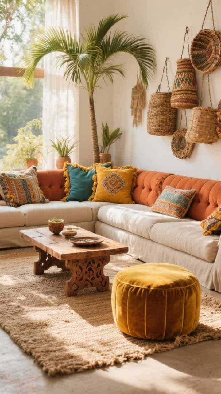 Wide shot, sunlit boho living room: a low linen-colored sectional layered with terracotta, saffron, and teal pillows in mixed textures (tufted, embroidered, fringed); chunky jute rug under a carved mango wood coffee table; mustard velvet ottoman as extra seating; woven baskets climbing the wall; tall potted palms reaching toward bright natural light; warm, collected global vibe, no people, photorealistic.