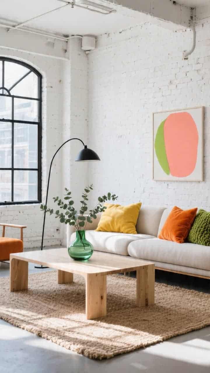 Wide shot, sunlit industrial loft living room with white-painted brick walls and matte black steel-framed windows; a low-profile neutral sofa styled with citrus-colored pillows: tangerine velvet, lemon yellow linen, and lime green boucle; bleached oak coffee table on a natural jute rug; a black arc floor lamp; single abstract print in coral and chartreuse on the wall; jade glass vase with fresh eucalyptus on the coffee table; modern, bright, effortless mood; crisp natural daylight streaming in.