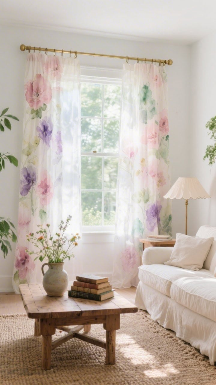 Wide shot, sunlit living room in a modern cottage style with sheer watercolor floral curtains blurring pinks, lavenders, and sage in soft painterly strokes; light pouring through making the room glow. Include a warm oak coffee table styled with ceramic pitchers holding wildflowers and stacked vintage books, a cream linen slipcovered sofa, a jute rug with tactile texture, chalky white walls, soft blush accents, hints of leaf green. Show a slim brass curtain rod with simple rings; add a scalloped lampshade on a side table. Angle: straight-on toward the window so the floaty, romantic texture and gentle translucency of the curtains are emphasized. Photorealistic, airy, no people.