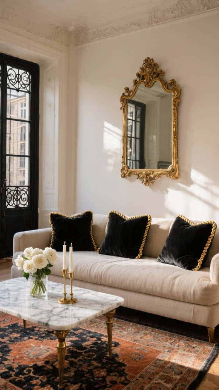 Wide shot, sunlit Parisian salon living room with cream plaster walls, an ornate antique gold-framed mirror above a low-profile French-style pale beige linen sofa. On the sofa, a trio of black velvet pillows trimmed with antique gold rope as the focal point. In front, a marble-topped coffee table styled with a petite bouquet of white ranunculus and slim brass candlesticks; a faded terracotta-and-charcoal Persian rug underfoot. Black iron window grilles in the background. Photorealistic, late-afternoon natural light, elegant and moody with opulent details; textures of velvet, linen, marble, and patinated brass clearly visible.