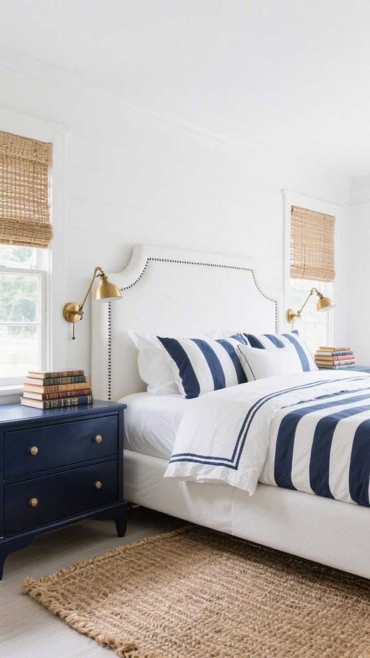 Wide, straight-on photorealistic bedroom shot in a preppy coastal style: crisp white upholstered headboard with tailored piping, navy pinstripe sailcloth bedding, lacquered navy dresser, brass swing-arm sconces flanking the bed, woven window shades filtering daylight, seagrass rug underfoot, stack of classic sailing books on the dresser; color palette of bright white, deep navy, and polished brass, with natural fibers grounding the scene; clean-lined furniture, polished yet relaxed mood.
