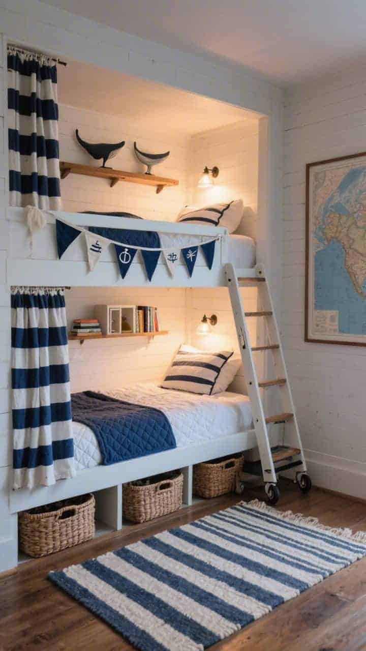 Wide straight-on shot: Coastal campout bunk nook with built-in bunks spanning one wall, shiplap interiors in white, individual privacy curtains for each bed in bold navy-and-white stripes, compact clip-on sconces and small cubbies at pillow height, a rolling library ladder on a rail, sailcloth-style duvets with quilted coverlets, nautical pennant banner draped across the upper bunk, whale bookends on a wall shelf, woven under-bed baskets, large coastal map framed on adjacent wall, flatweave stripe rug grounding the area; warm, cozy evening light, photorealistic.
