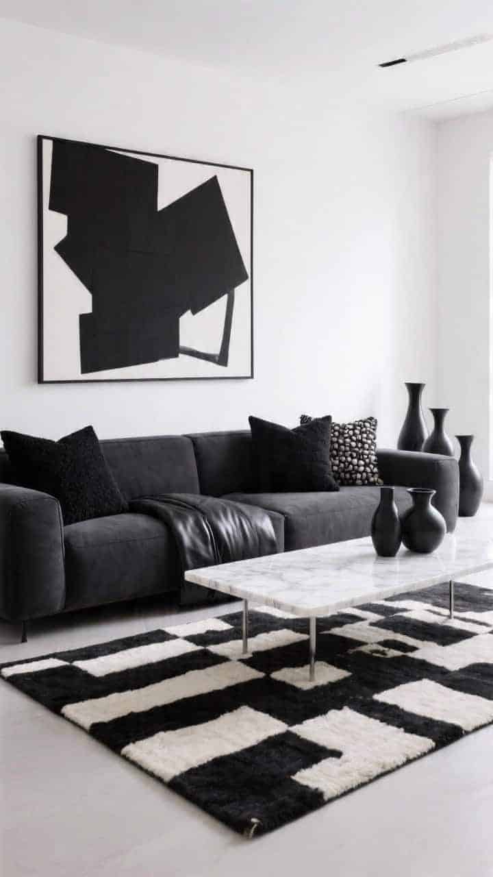 Wide, straight-on shot of a crisp black-and-white modern lounge: a low-slung charcoal sectional against a clean white wall, anchored by a bold black-and-ivory rug. The sofa is loaded with black monochrome pillows—matte black linen squares, soft black bouclé, pebble-weave, and a single long black leather lumbar centered to ground the lineup. Minimal, graphic styling with a white marble coffee table, a single oversized black-and-white abstract above the sofa, and a cluster of matte black vases; bright even daylight, high contrast, photorealistic.