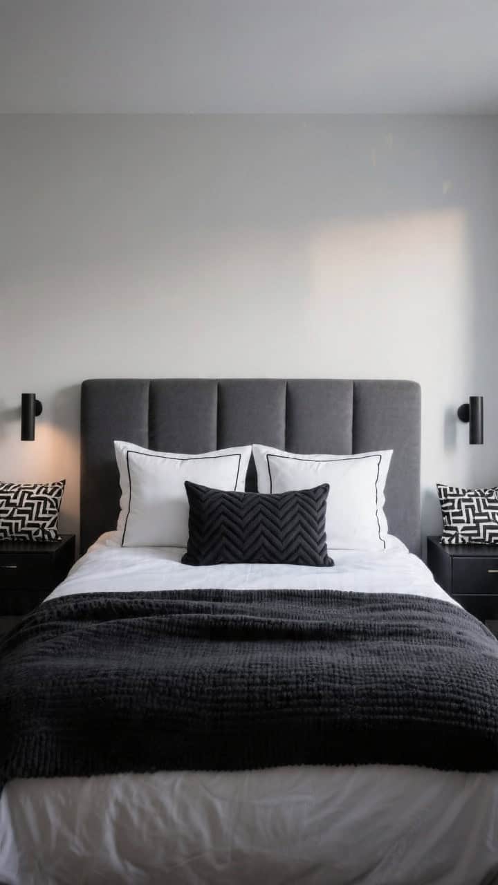 Wide, straight-on shot of a minimalist boutique bedroom in black, white, and charcoal: low-profile upholstered charcoal headboard, matte black nightstands, slimline black sconces, crisp white percale sheets, charcoal duvet, folded black knit throw. Pillow stack: two oversized slate Euro shams, two white standard pillows with black piping, front row of three accents—wide black herringbone lumbar centered, flanked by two small black-and-white geometric print pillows. Moody city-hotel vibe, soft directional evening lighting.