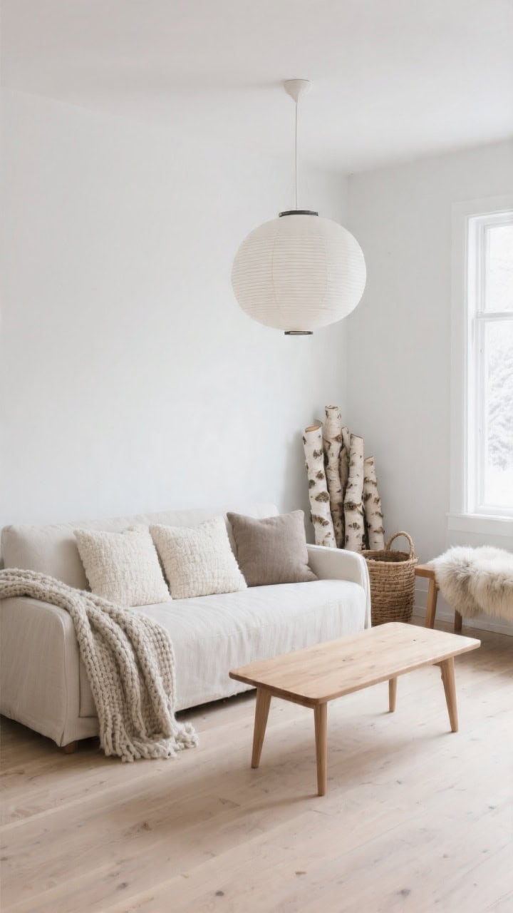 Wide, straight-on shot of a minimalist living room evoking a fresh winter morning: chalk-white walls, pale oak floors, a low linen-covered sofa layered with oversized 24-inch ivory bouclé squares, stonewashed flax pillows, and one nubby wool accent in mushroom gray; a chunky knit throw drapes over one arm; a simple maple wood coffee table with clean lines sits centered; paper lantern pendant overhead, stacked birch logs in a basket by the wall, and a sheepskin thrown over a bench; soft, diffused daylight for a quiet, tactile, soothing mood; photorealistic, no people.