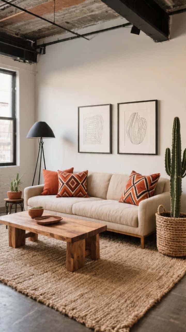 Wide, straight-on shot of a modern loft living room with a low-profile linen sofa in warm oatmeal, chunky oak coffee table, and a natural jute rug; style the sofa with geo-patterned throw pillows in terra-cotta, paprika, and clay, mixing ikat diamonds, two-tone stripes, and one mudcloth-print pillow; include a black metal floor lamp, woven basket planters with an oversized cactus, and two framed line drawings above the sofa; warm neutral palette of oatmeal, clay, rust, and charcoal; soft natural loft light, photorealistic.