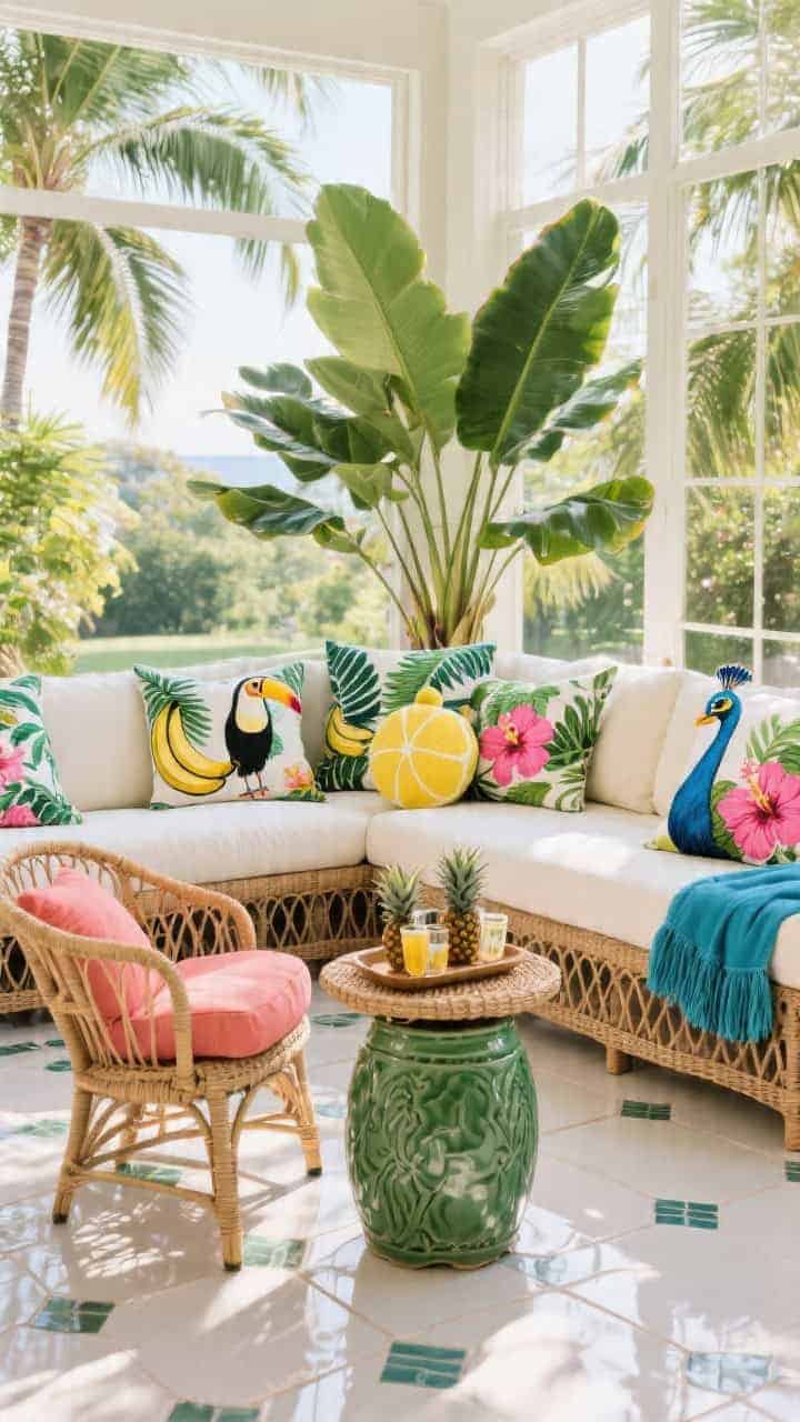 Wide sunroom shot, slightly elevated: Rattan sofa with cream cushions surrounded by towering palms and monsteras; tiled floors reflecting bright natural light; seating piled with tropical-print pillows—banana leaves, toucans, hot pink hibiscus—plus a lemon-shaped cushion and a fringed cobalt lumbar; peacock chair with a coral cushion; jade green ceramic garden stool side tables; wicker tray with pineapple tumblers; jubilant, vacation-like atmosphere, photorealistic.