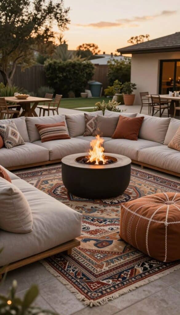 low seating cushions and fire pit in relaxed lounge setup