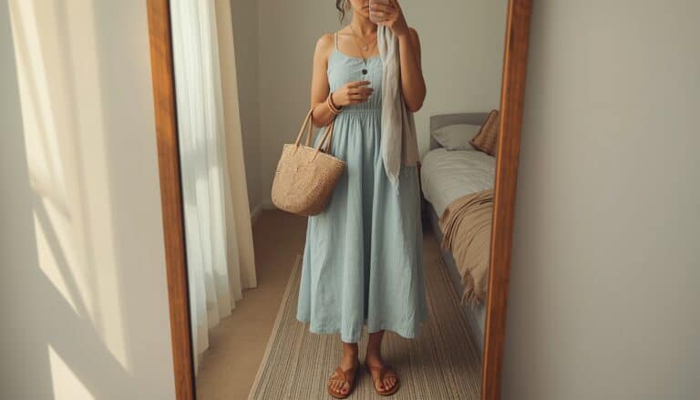 iPhone mirror selfie of a woman wearing a flowy linen midi dress in soft sky blue, tan leather strappy sandals, a raffia tote, delicate gold hoops with a thin bangle, minimal cat-eye sunglasses, and a lightweight linen scarf draped over her arm, face not visible, cropped at neck, bedroom mirror, golden hour window light, iPhone photo quality.