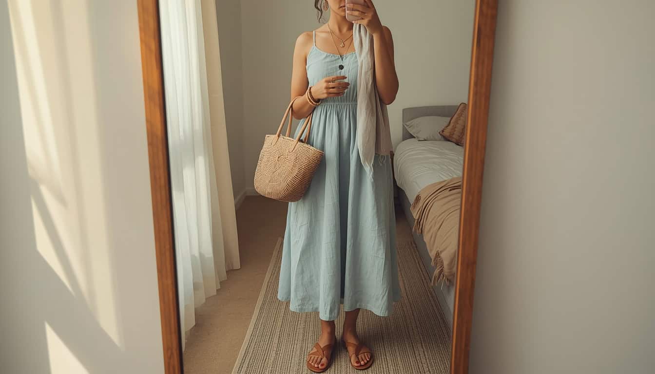 iPhone mirror selfie of a woman wearing a flowy linen midi dress in soft sky blue, tan leather strappy sandals, a raffia tote, delicate gold hoops with a thin bangle, minimal cat-eye sunglasses, and a lightweight linen scarf draped over her arm, face not visible, cropped at neck, bedroom mirror, golden hour window light, iPhone photo quality.