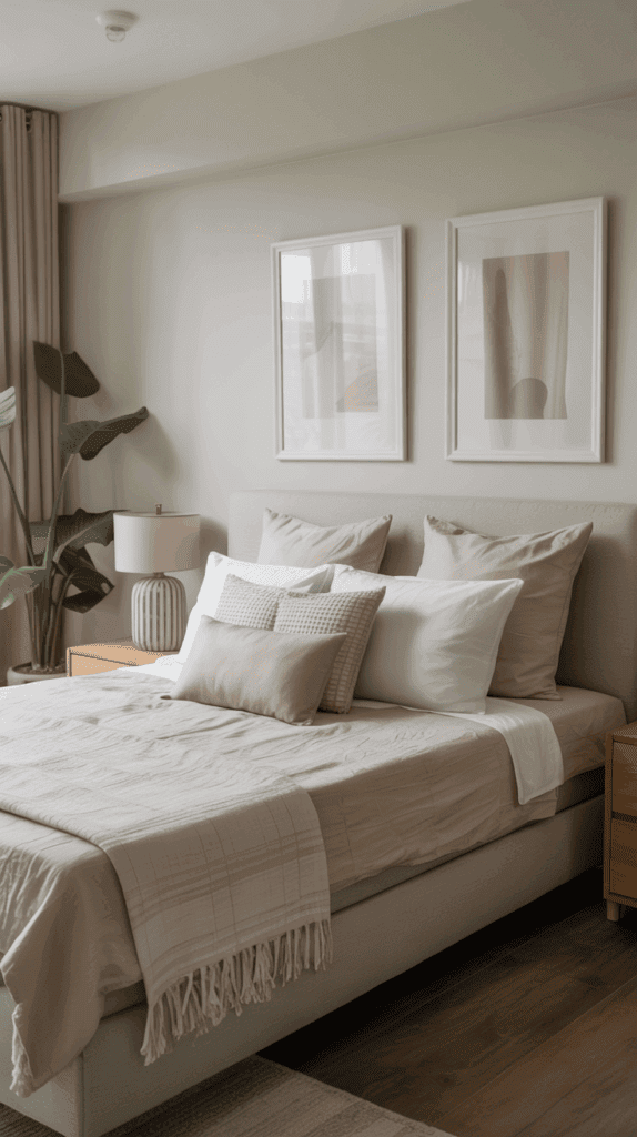 Minimalist bedroom with neatly arranged bedding, clear surfaces, and a calm neutral color palette for home organization