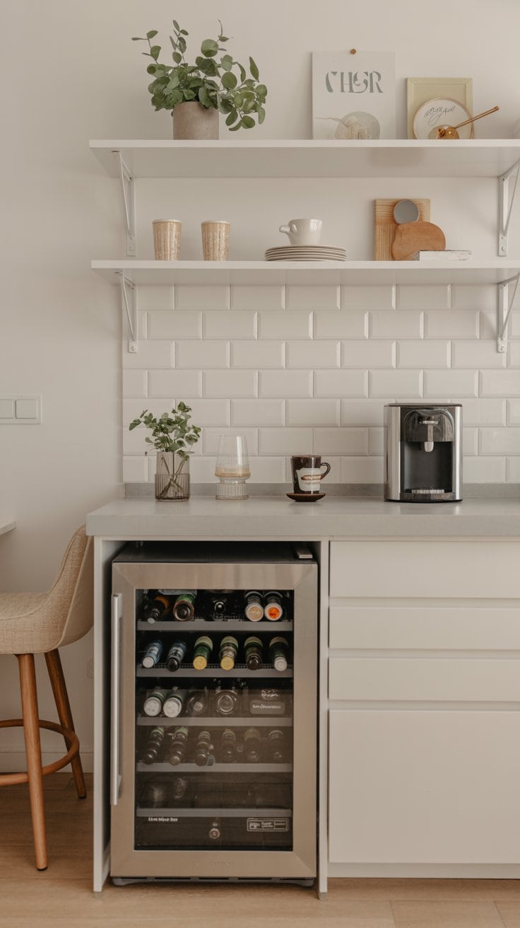 modern kitchen with drawer style mini fridge under coffee bar