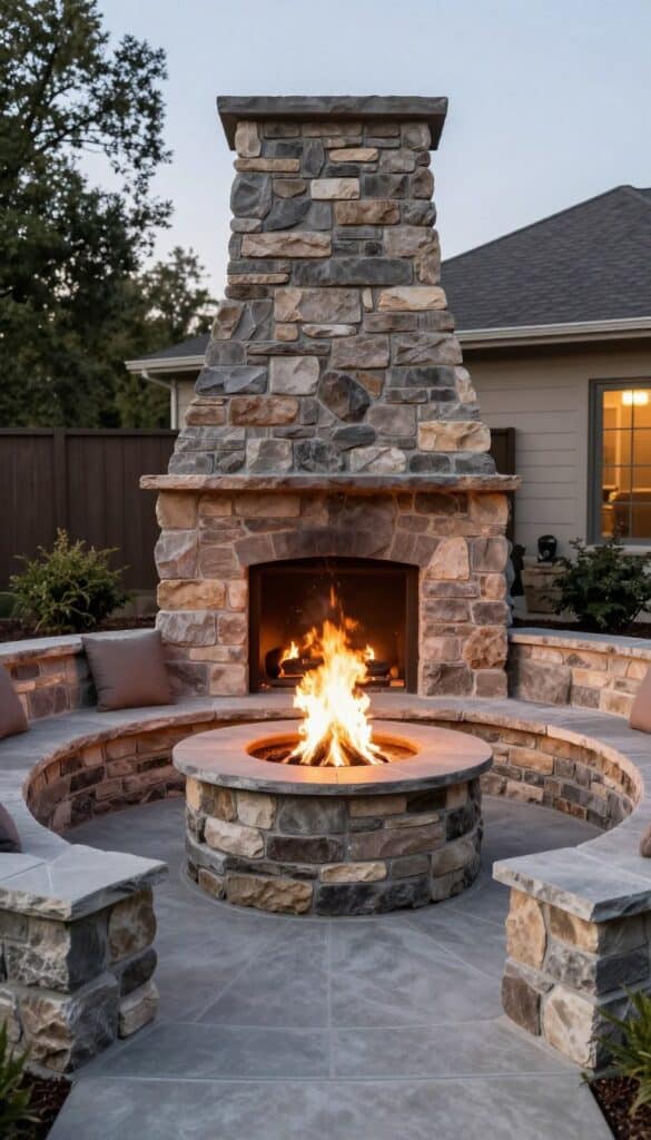 natural stone fire pit with built in seating surround in backyard