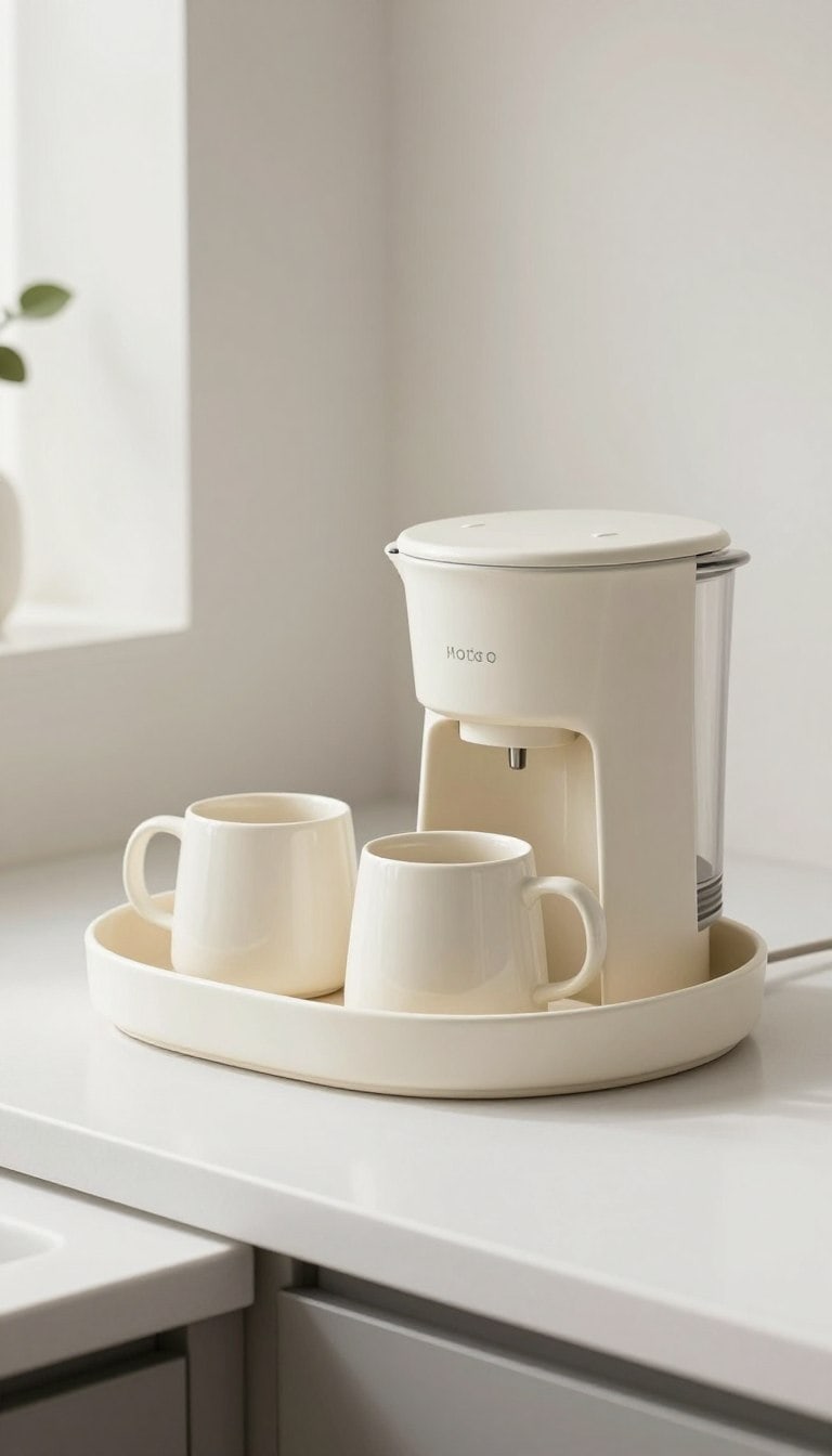 neutral ceramic coffee bar tray with soft tones displaying coffee maker and mugs