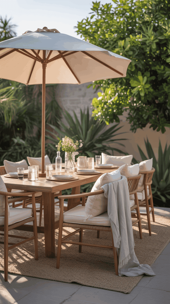 Outdoor dining with cushions and soft textiles 