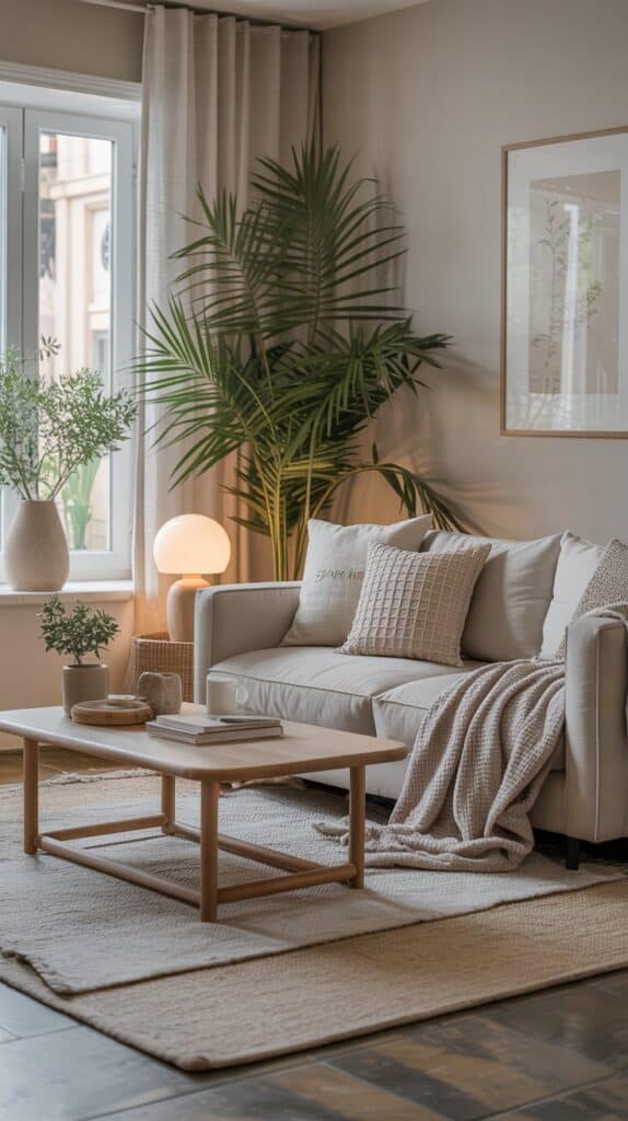 Peaceful clean living room with soft textures, neutral tones, and a calm inviting atmosphere after weekly cleaning ritual
