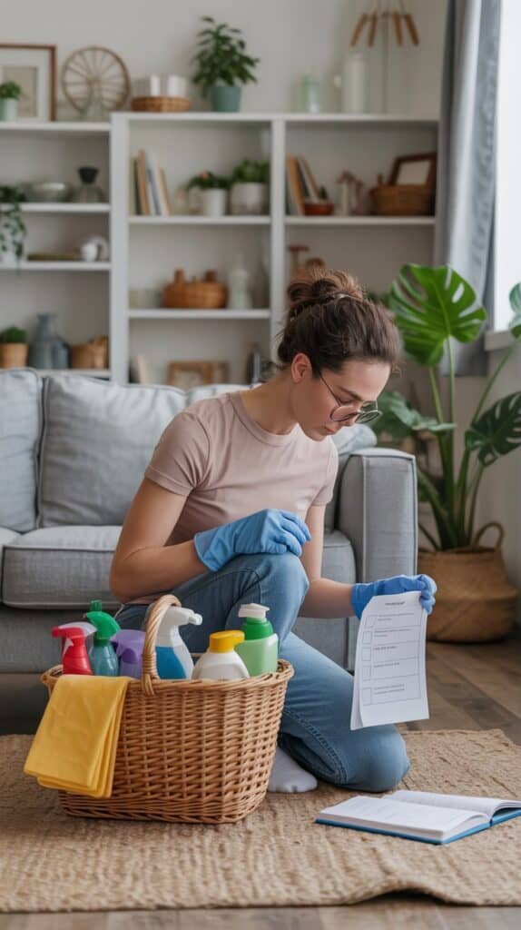 Person doing a weekly cleaning routine with a checklist, basket of supplies, and an organized home setting