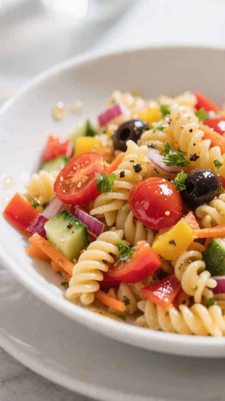 Close-up detail: Al dente rotini salad just after tossing with vinaigrette—glossy spirals clinging