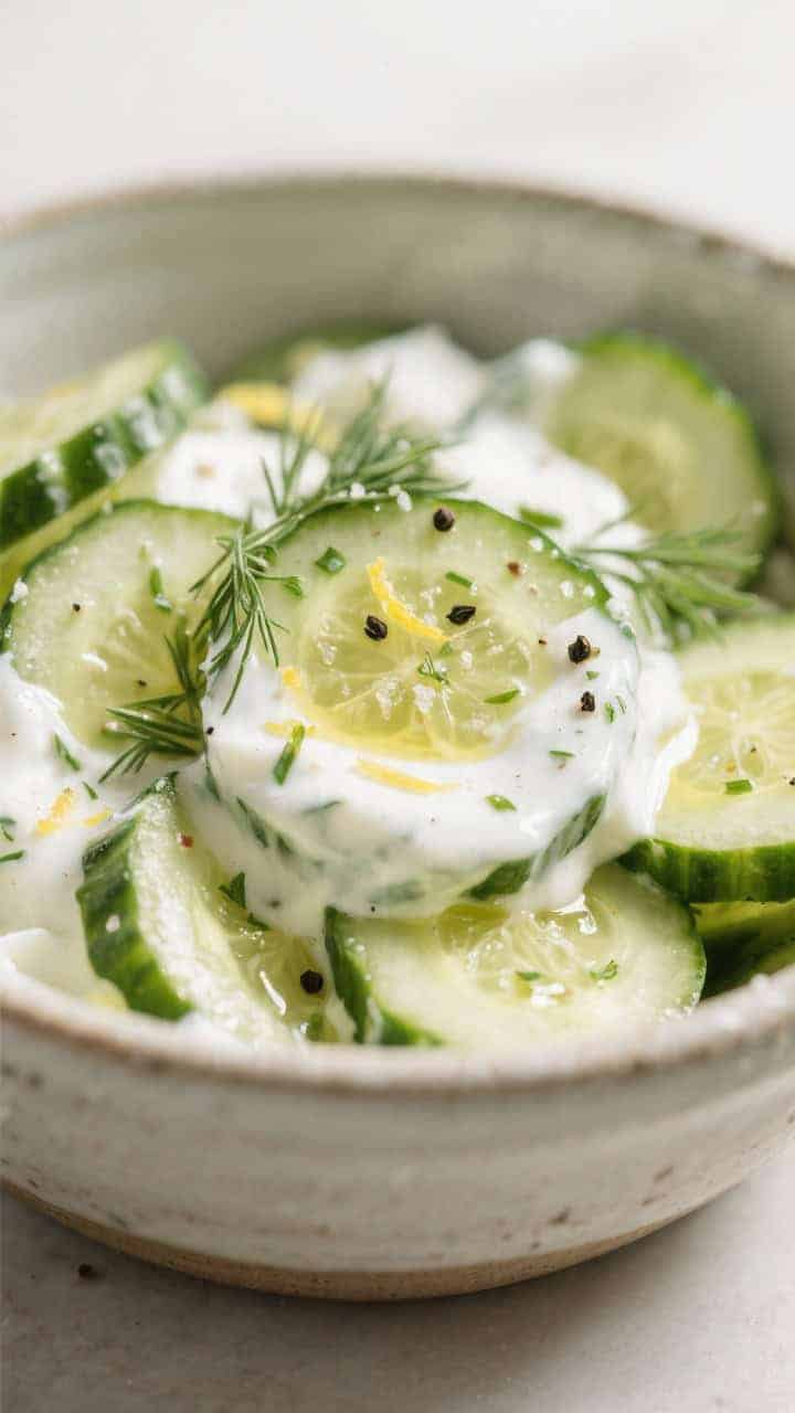 Close-up detail: Creamy cucumber yogurt salad being gently folded in a ceramic mixing bowl, thin sal