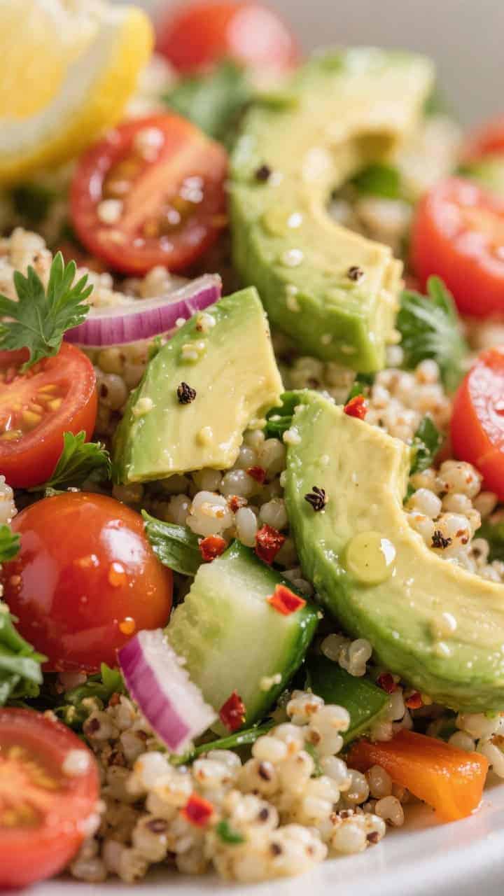 Close-up detail: Creamy diced avocado gently folded into the quinoa salad base with halved cherry to