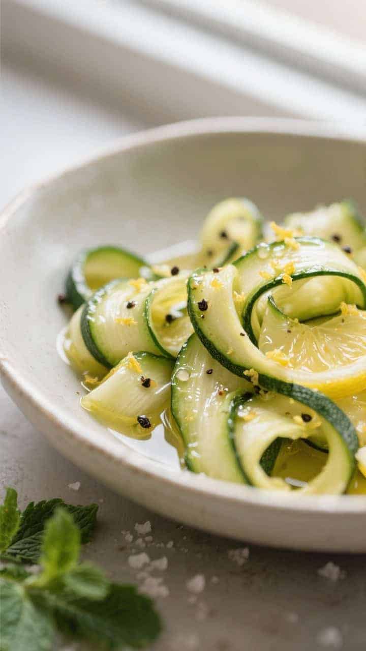 Close-up detail: Glossy zucchini ribbons just after being lightly salted and dressed, ribbons curled