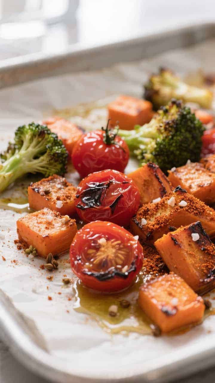 Close-up detail: Roasted carrot chunks, blistered cherry tomatoes, and charred broccoli florets fres