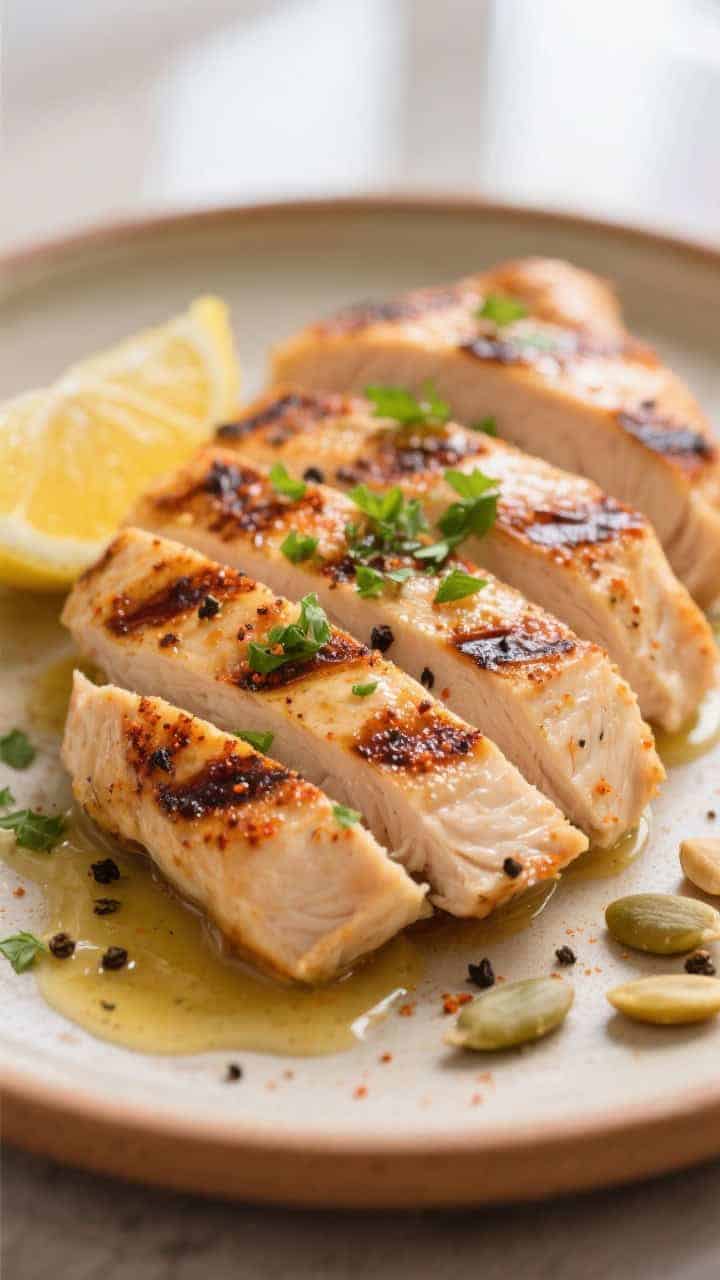 Close-up detail: Sliced grilled chicken breast with deep char marks and juicy texture, glistening wi