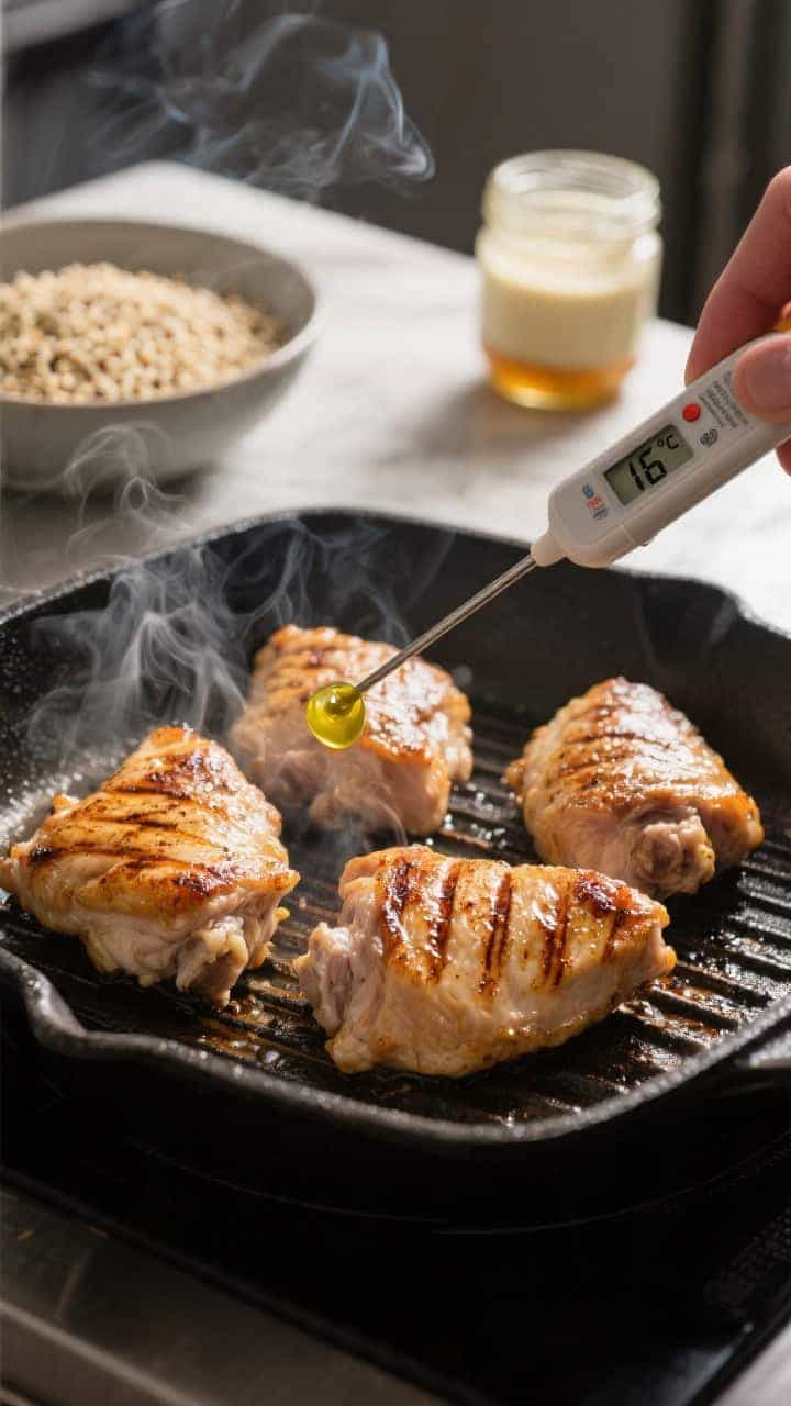 Cooking process: Chicken thighs sizzling on a hot grill pan, visible caramelization and grill lines,