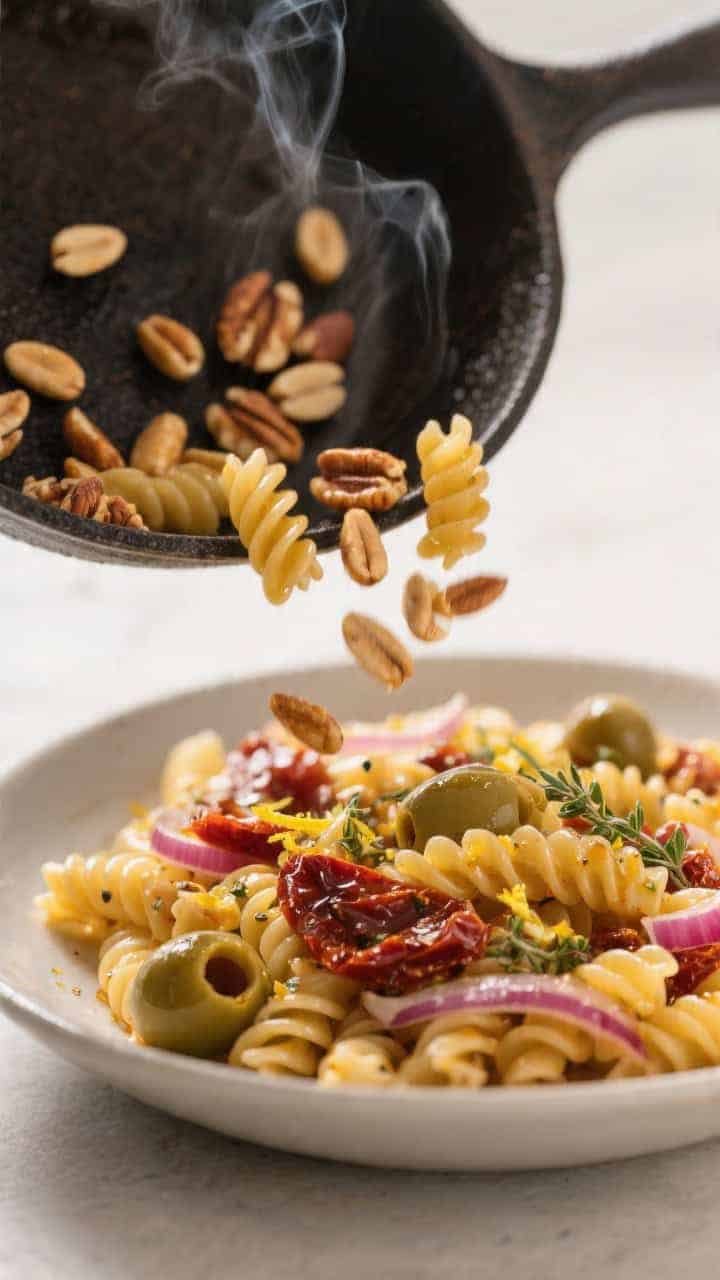Cooking process close-up: Golden toasted pine nuts just off the skillet, scattered over a bowl of al