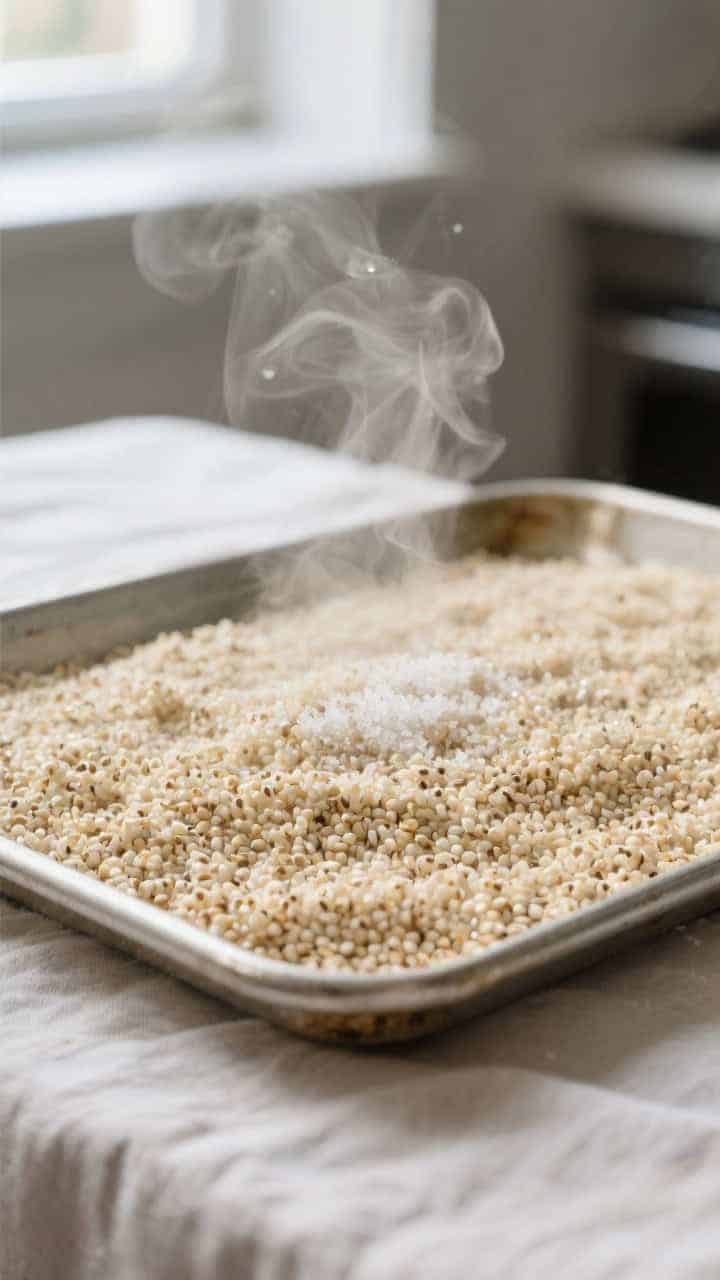 Cooking process: Fluffy quinoa just finished steaming, spread on a rimmed sheet pan to cool, wisps o