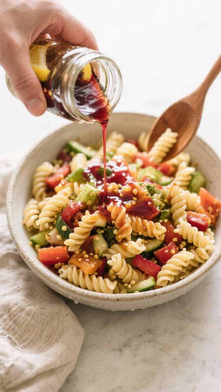 Cooking process: Overhead shot of cooled, rinsed rotini being dressed—two-thirds of the homemade r