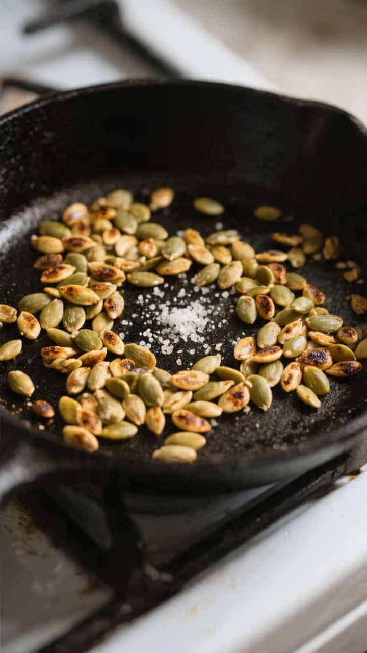 Cooking process: Pepitas toasting in a dry skillet, golden and just beginning to pop with a few seed